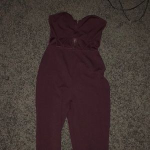 Burgundy halter jumpsuit.